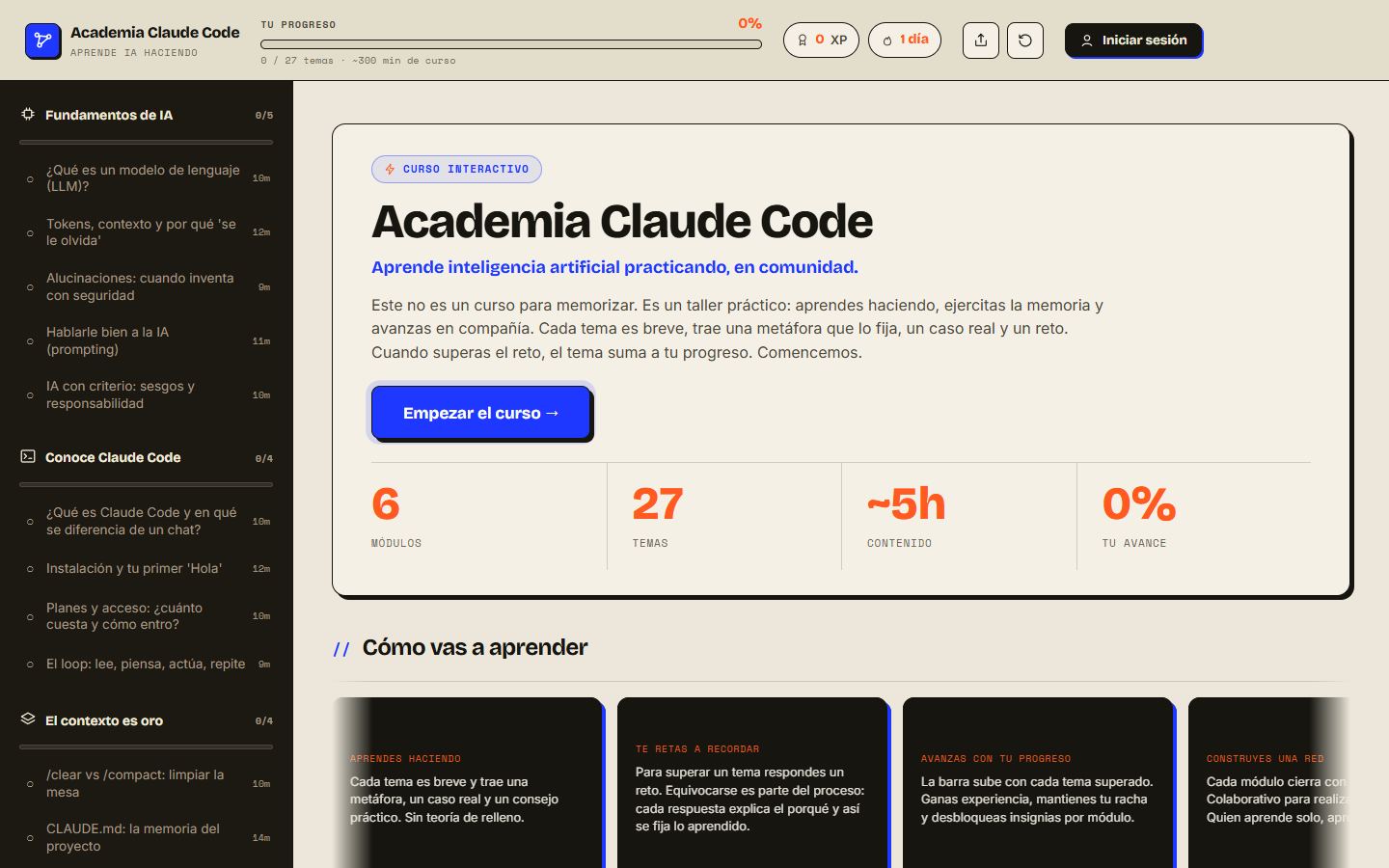 Academia Claude Code — interactive course with modules, topics and a progress bar