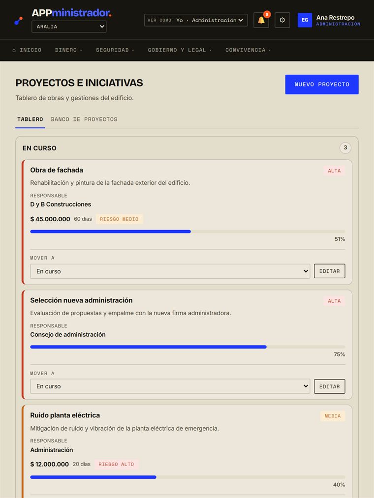 APPministrador — tablero de obras del edificio con avance y presupuesto