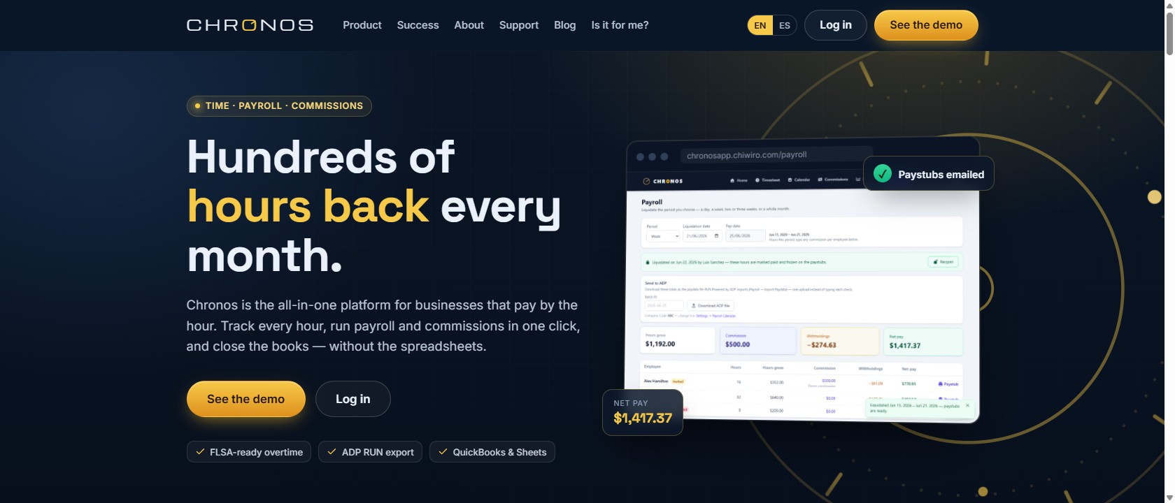 Chronos — hundreds of hours back every month: nómina liquidada con paystubs enviados