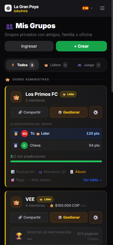Lista de grupos privados con rol de líder o jugador