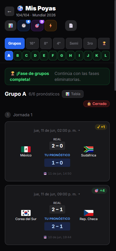 Pantalla de pronósticos con marcador real contra el pronóstico del jugador