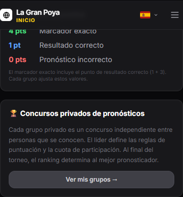 Tarjeta del sistema de puntos: 4 puntos por marcador exacto, 1 por resultado correcto