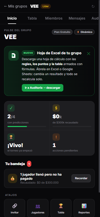 Panel del organizador: pulso del grupo, recaudo y bandeja de acciones pendientes