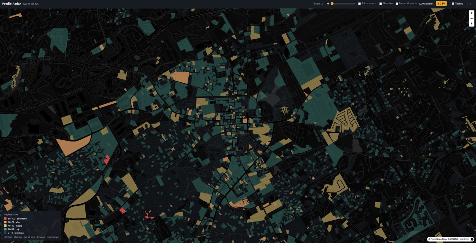 Predio Radar — mapa de predios descuidados con Neglect Score (Gwinnett, GA)